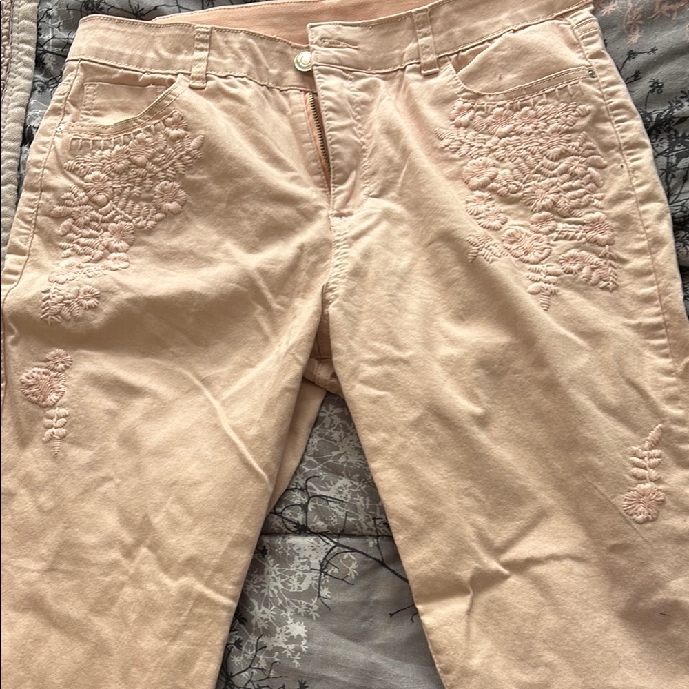 Embroidered blush pink capri Pants